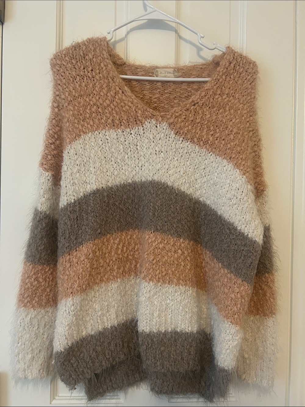 Altar'd State Striped Fuzzy V-Neck Sweater in Cream, Taupe & Rusty Pink